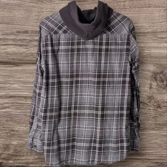 No Boundaries Hooded 100% Cotton Gray Black Plaid Long Sleeve Shacket 42-44 L - Picture 3 of 9